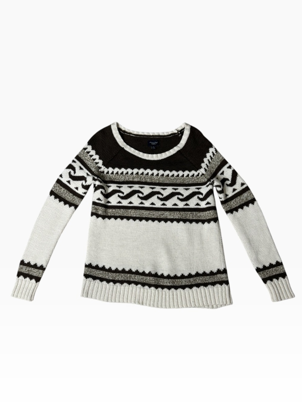 American Eagle Outfitters Cream and Brown Patterned Crewneck Sweater size:SP